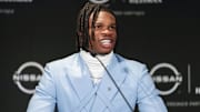 Dec 14, 2024; New York, NY, USA; Colorado Buffaloes wide receiver/cornerback Travis Hunter speaks to the press after winning the 2024 Heisman Trophy. Mandatory Credit: Lucas Boland-Imagn Images