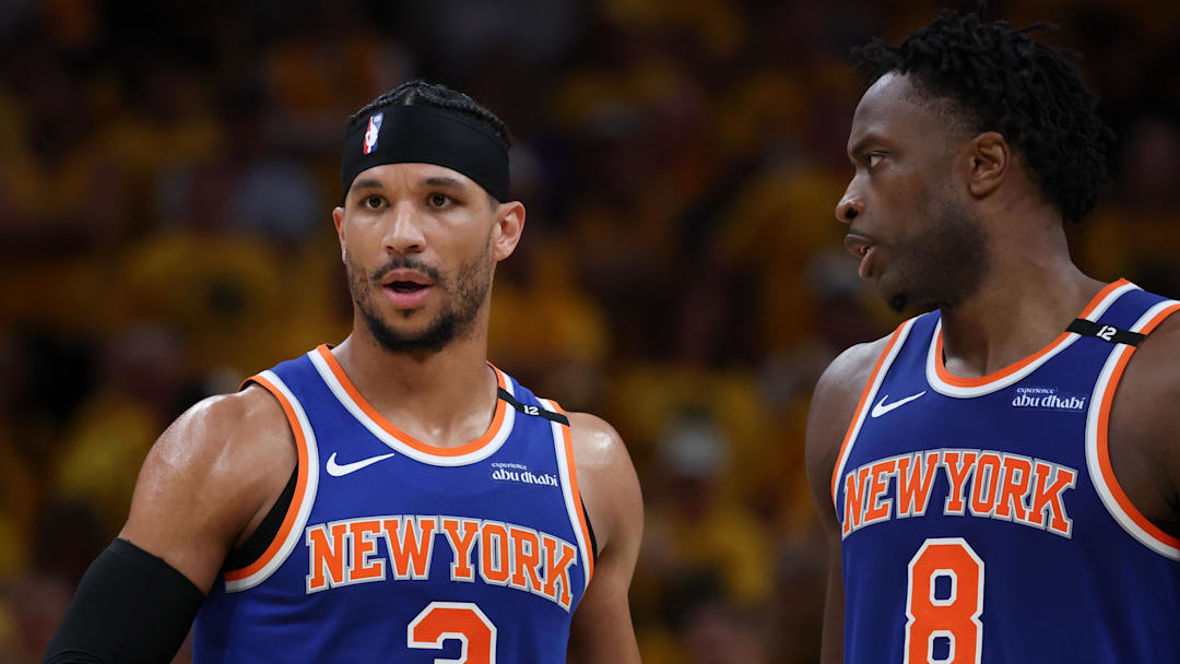 New York Knicks guard Josh Hart (3) and forward OG Anunoby (8) speak in the third quarter during game six of the eastern conference finals against the Indiana Pacers for the 2025 NBA Playoffs at Gainbridge Fieldhouse.