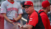May 8, 2025; Atlanta, Georgia, USA; Cincinnati Reds manager Terry Francona (77) in the dugout before a game against the Atlanta Braves at Truist Park. Mandatory Credit: Brett Davis-Imagn Images