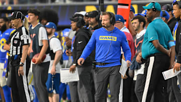 Oct 6, 2024; Inglewood, California, USA; Los Angeles Rams head coach Sean McVay during the fourth quarter against the Green Bay Packers at SoFi Stadium. Mandatory Credit: Robert Hanashiro-Imagn Images