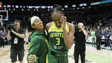 Jul 16, 2025; Seattle, Washington, USA; Seattle Storm guard Lexie Brown (8) and Seattle Storm forward Nneka Ogwumike (3) celebrate after playing the Golden State Valkyries at Climate Pledge Arena. Mandatory Credit: John Froschauer-Imagn Images