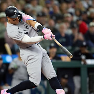 May 14, 2025; Seattle, Washington, USA; New York Yankees designated hitter Aaron Judge (99) hits a solo home run