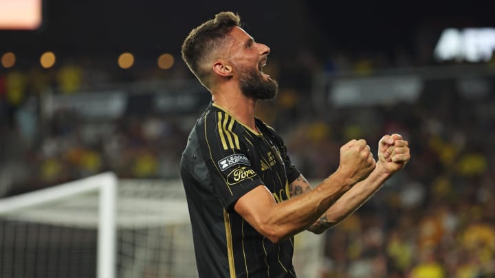 Aug 25, 2024; Columbus, Ohio, USA; LAFC forward Olivier Giroud (9) celebrates after scoring a goal during the second half against the Columbus Crew at Lower.com Field. Mandatory Credit: Trevor Ruszkowski-USA TODAY Sports