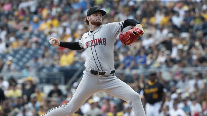 Aug 4, 2024; Pittsburgh, Pennsylvania, USA;  Arizona Diamondbacks starting pitcher Ryne Nelson (19) delivers a pitch against the Pittsburgh Pirates/ during the first inning at PNC Park. Mandatory Credit: Charles LeClaire-USA TODAY Sports