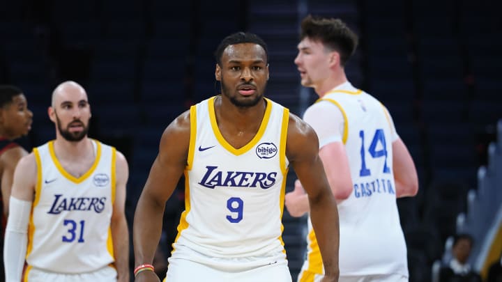 Jul 10, 2024; San Francisco, CA, USA; Los Angeles Lakers guard Bronny James Jr. (9) on defense against the Miami Heat during the fourth quarter at Chase Center. Mandatory Credit: Kelley L Cox-USA TODAY Sports