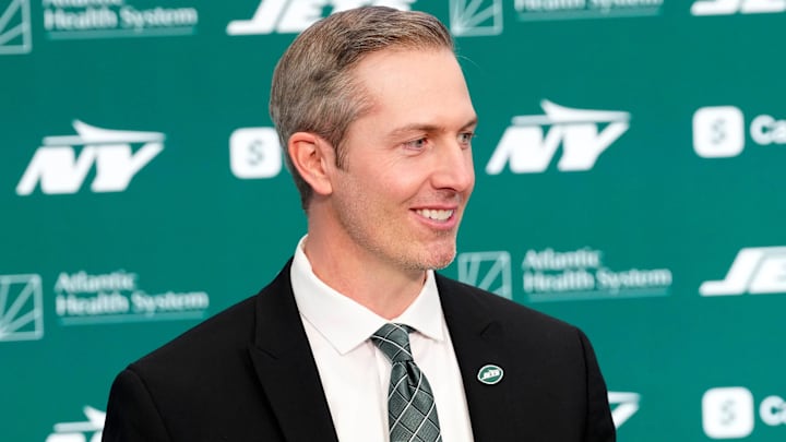 Darren Mougey is shown during a press conference where he was introduced as the new general manager of the New York Jets, at the Atlantic Health Jets Training Center, Monday, January 27, 2025, in Florham Park. Darren Mougey is shown during a press conference where he was introduced as the new general manager of the New York Jets, at the Atlantic Health Jets Training Center, Monday, January 27, 2025, in Florham Park.