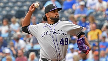 Apr 24, 2025; Kansas City, Missouri, USA;  Colorado Rockies starting pitcher German Marquez (48) throws a pitch in the first inning against the Kansas City Royals at Kauffman Stadium. Mandatory Credit: Peter Aiken-Imagn Images
