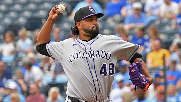 Apr 24, 2025; Kansas City, Missouri, USA;  Colorado Rockies starting pitcher German Marquez (48) throws a pitch in the first inning against the Kansas City Royals at Kauffman Stadium. Mandatory Credit: Peter Aiken-Imagn Images
