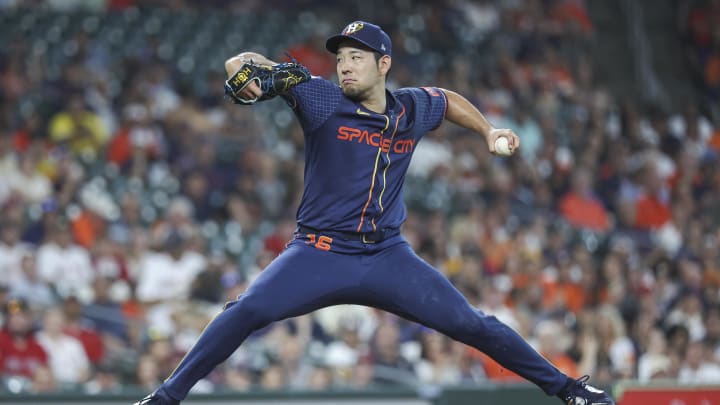 Aug 19, 2024; Houston, Texas, USA; Houston Astros starting pitcher Yusei Kikuchi (16) delivers a pitch during the first inning against the Boston Red Sox at Minute Maid Park.