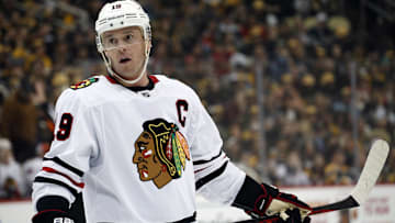Apr 11, 2023; Pittsburgh, Pennsylvania, USA;  Chicago Blackhawks center Jonathan Toews (19) looks on before a face-off against the Pittsburgh Penguins during the first period at PPG Paints Arena. Mandatory Credit: Charles LeClaire-Imagn Images