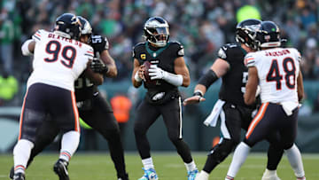 Nov 28, 2025; Philadelphia, Pennsylvania, USA; Philadelphia Eagles quarterback Jalen Hurts (1) looks to pass the ball against the Chicago Bears during the second quarter of the game at Lincoln Financial Field. Mandatory Credit: Bill Streicher-Imagn Images