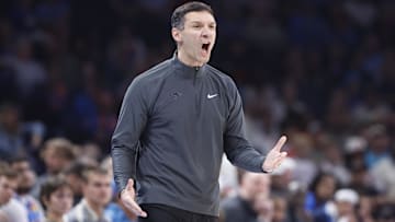 Oct 27, 2024; Oklahoma City, Oklahoma, USA; Oklahoma City Thunder head coach Mark Daigneault yells at an official following a call during the second quarter against the Atlanta Hawks at Paycom Center. Mandatory Credit: Alonzo Adams-Imagn Images