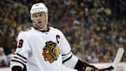 Apr 11, 2023; Pittsburgh, Pennsylvania, USA;  Chicago Blackhawks center Jonathan Toews (19) looks on before a face-off against the Pittsburgh Penguins during the first period at PPG Paints Arena. Mandatory Credit: Charles LeClaire-Imagn Images