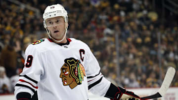 Apr 11, 2023; Pittsburgh, Pennsylvania, USA;  Chicago Blackhawks center Jonathan Toews (19) looks on before a face-off against the Pittsburgh Penguins during the first period at PPG Paints Arena. Mandatory Credit: Charles LeClaire-Imagn Images