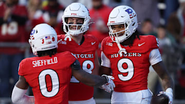 Rutgers Scarlet Knights wide receiver Ian Strong (9) celebrates with teammates after a touchdown reception during the second half against the Maryland Terrapins at SHI Stadium. Vincent Carchietta-Imagn Images