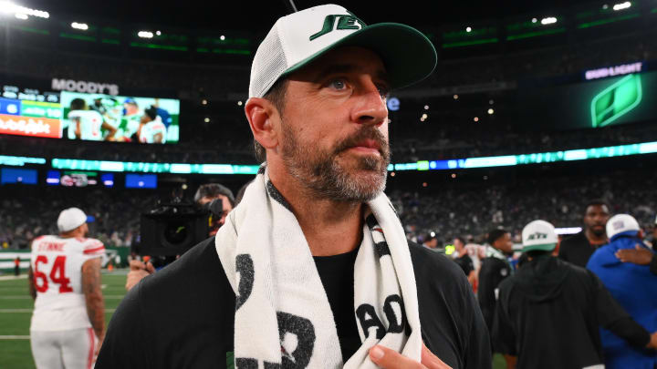 Aug 24, 2024; East Rutherford, New Jersey, USA; New York Jets quarterback Aaron Rodgers (8) looks on following the game against the New York Giants at MetLife Stadium.