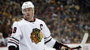 Apr 11, 2023; Pittsburgh, Pennsylvania, USA;  Chicago Blackhawks center Jonathan Toews (19) looks on before a face-off against the Pittsburgh Penguins during the first period at PPG Paints Arena. Mandatory Credit: Charles LeClaire-Imagn Images