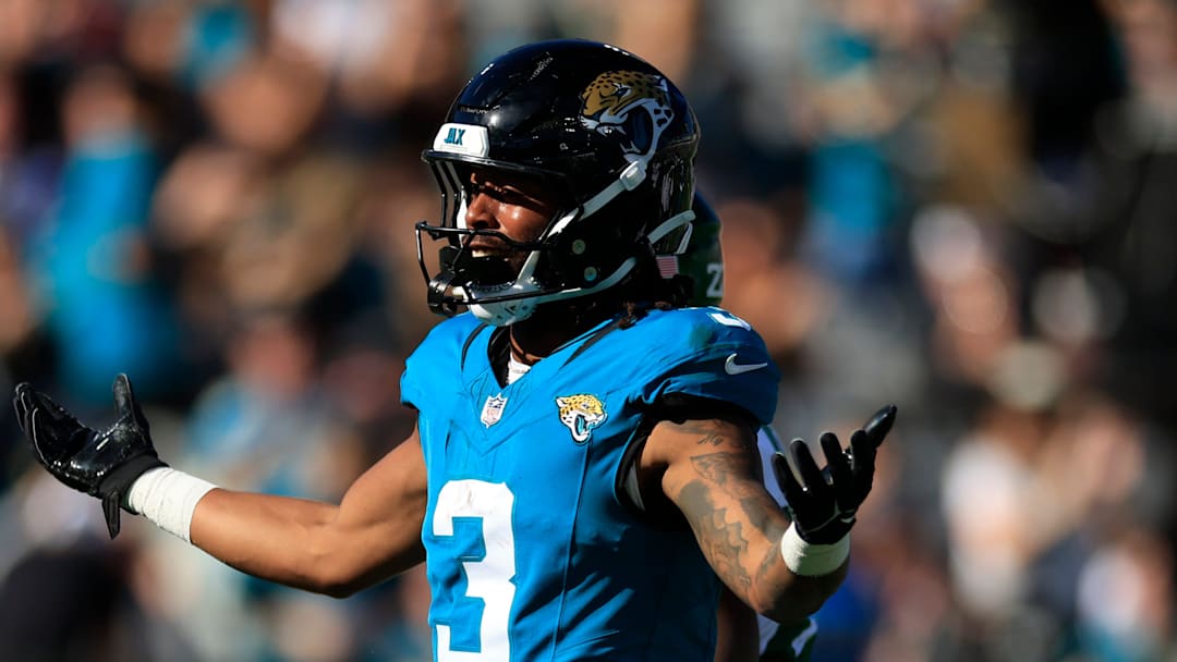 Jacksonville Jaguars wide receiver Jakobi Meyers (3) reacts to his first down pickup during the first quarter of an NFL football matchup at EverBank Stadium, Sunday, Dec. 14, 2025, in Jacksonville, Fla. [Corey Perrine/Florida Times-Union]