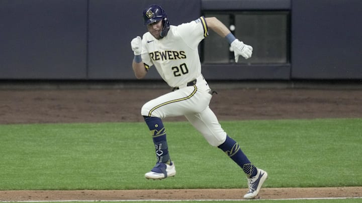 Mar 30, 2026; Milwaukee, Wisconsin, USA; Milwaukee Brewers left fielder Brandon Lockridge (20) hits a single during the third inning against the Tampa Bay Rays at American Family Field. Mandatory Credit: Mark Hoffman/USA TODAY Network via Imagn Images