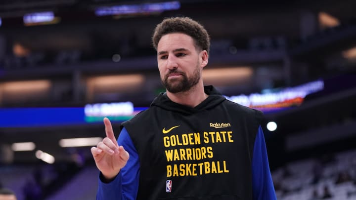 Apr 16, 2024; Sacramento, California, USA; Golden State Warriors guard Klay Thompson (11) warms up before a play-in game against the Sacramento Kings in the 2024 NBA playoffs at the Golden 1 Center. Mandatory Credit: Cary Edmondson-USA TODAY Sports