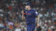 Houston Astros starting pitcher Hunter Brown (58) walks off the mound after pitching during the fourth inning against the Seattle Mariners at Minute Maid Park. 