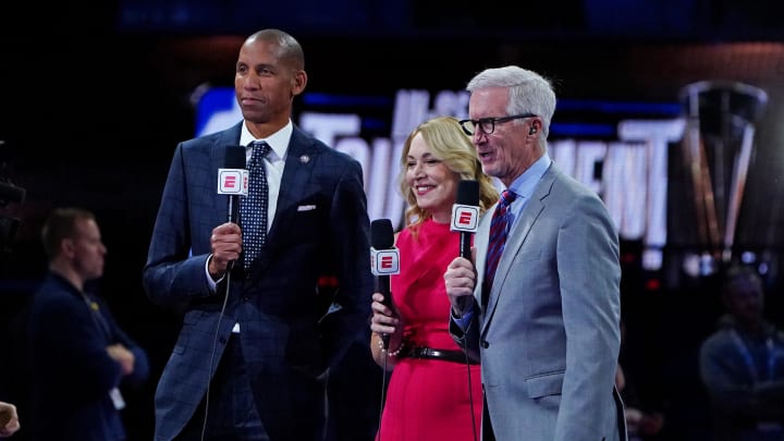 Dec 7, 2023; Las Vegas, Nevada, USA; ESPN announcers  Reggie Miller, in the NBA In Season Tournament Semifinal at T-Mobile Arena. Mandatory Credit: Kyle Terada-USA TODAY Sports