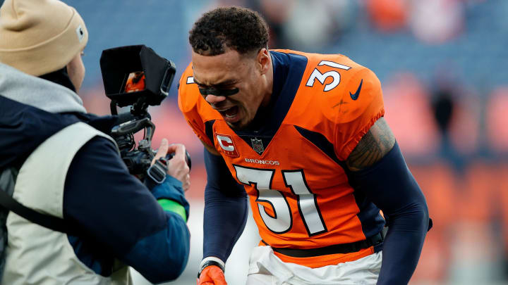 Oct 29, 2023; Denver, Colorado, USA; Denver Broncos safety Justin Simmons (31) reacts after the game against the Kansas City Chiefs at Empower Field at Mile High. Mandatory Credit: Isaiah J. Downing-USA TODAY Sports