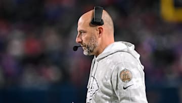 Nov 17, 2024; Orchard Park, New York, USA; Kansas City Chiefs offensive coordinator Matt Nagy on the sidelines in the third quarter against the Buffalo Bills at Highmark Stadium. 