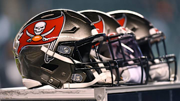 Oct 14, 2021; Philadelphia, Pennsylvania, USA; Tampa Bay Buccaneers helmets during pregame warmups against the Philadelphia Eagles at Lincoln Financial Field. Mandatory Credit: Eric Hartline-Imagn Images