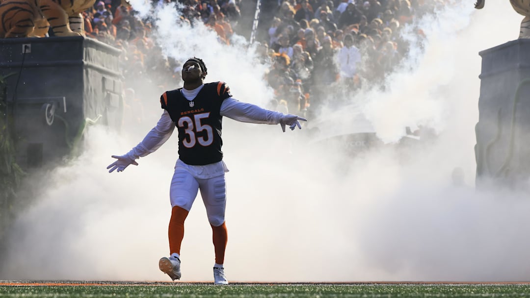 Jan 4, 2026; Cincinnati, Ohio, USA; Cincinnati Bengals cornerback Jalen Davis (35) exits the player tunnel during introductions before a game against the Cleveland Browns at Paycor Stadium. Mandatory Credit: Katie Stratman-Imagn Images