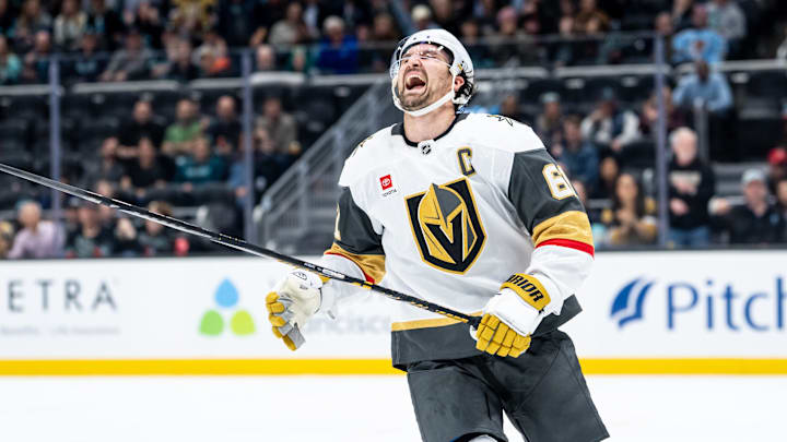 Apr 9, 2026; Seattle, Washington, USA;  Vegas Golden Knights forward Mark Stone (61) reacts after missing a shot during a shootout against the Seattle Kraken at Climate Pledge Arena. Mandatory Credit: Stephen Brashear-Imagn Images