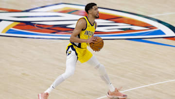 Jun 5, 2025; Oklahoma City, Oklahoma, USA; Indiana Pacers guard Tyrese Haliburton (0) shoots the ball against the Oklahoma City Thunder during the second quarter during game one of the 2025 NBA Finals at Paycom Center. Mandatory Credit: Alonzo Adams-Imagn Images