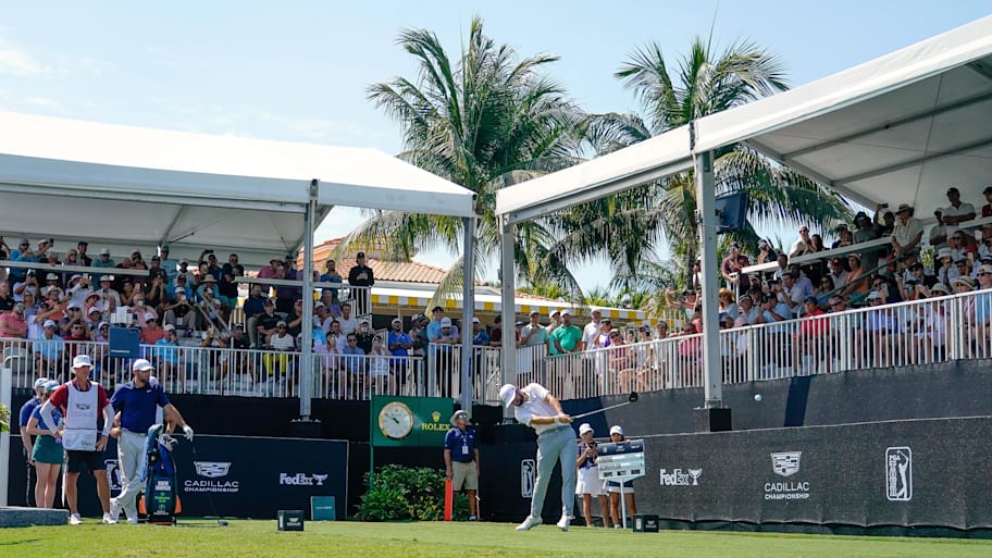 Cameron Young tees off on the first hole during the first round of the 2026 Cadillac Championship