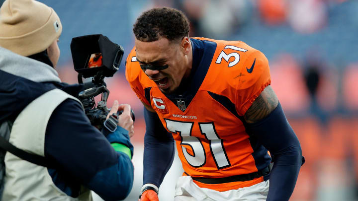 Oct 29, 2023; Denver, Colorado, USA; Denver Broncos safety Justin Simmons (31) reacts after the game against the Kansas City Chiefs at Empower Field at Mile High. Mandatory Credit: Isaiah J. Downing-USA TODAY Sports