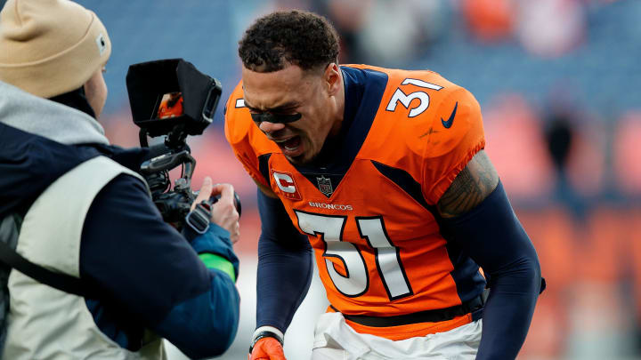 Oct 29, 2023; Denver, Colorado, USA; Denver Broncos safety Justin Simmons (31) reacts after the game against the Kansas City Chiefs at Empower Field at Mile High. Mandatory Credit: Isaiah J. Downing-USA TODAY Sports