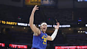 May 13, 2025; Oklahoma City, Oklahoma, USA; Denver Nuggets forward Aaron Gordon (32) reacts after a play against the Oklahoma City Thunder during the second quarter of game five of the second round for the 2025 NBA Playoffs at Paycom Center. Mandatory Credit: Alonzo Adams-Imagn Images