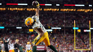 January 20, 2024; Santa Clara, CA, USA; Green Bay Packers running back Aaron Jones (33) celebrates after a two point conversion against the San Francisco 49ers during the third quarter in a 2024 NFC divisional round game at Levi's Stadium. Mandatory Credit: Kyle Terada-Imagn Images