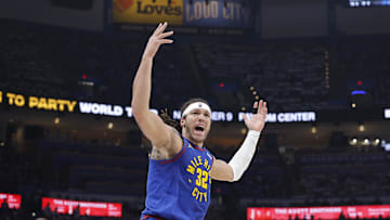 May 13, 2025; Oklahoma City, Oklahoma, USA; Denver Nuggets forward Aaron Gordon (32) reacts after a play against the Oklahoma City Thunder during the second quarter of game five of the second round for the 2025 NBA Playoffs at Paycom Center. Mandatory Credit: Alonzo Adams-Imagn Images