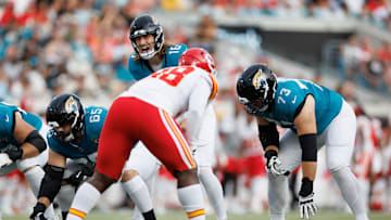Aug 10, 2024; Jacksonville, Florida, USA; Jacksonville Jaguars quarterback Trevor Lawrence (16) calls an audible during the first quarter against the Kansas City Chiefs at EverBank Stadium. Mandatory Credit: Douglas DeFelice-Imagn Images