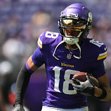 Aug 10, 2024; Minneapolis, Minnesota, USA; Minnesota Vikings wide receiver Justin Jefferson (18) warms up before the game against the Las Vegas Raiders at U.S. Bank Stadium. Mandatory Credit: Jeffrey Becker-Imagn Images