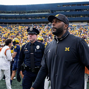 Michigan head coach Sherrone Moore walks off the field after the 31-12 loss to Texas at Michigan Stadium in Ann Arbor on Saturday, Sept. 7, 2024.