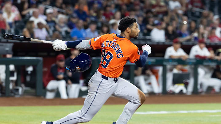 Jul 22, 2025; Phoenix, Arizona, USA; Houston Astros shortstop Brice Matthews against the Arizona Diamondbacks at Chase Field. Mandatory Credit: Mark J. Rebilas-Imagn Images