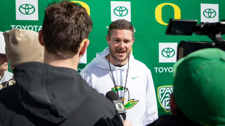 Oregon head coach Dan Lanning talks to members of the media following spring camp for the Oregon Ducks Thursday, March 14, 2028.