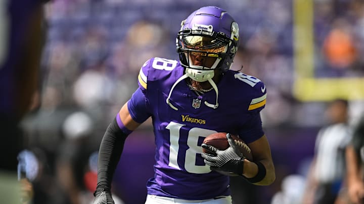 Aug 10, 2024; Minneapolis, Minnesota, USA; Minnesota Vikings wide receiver Justin Jefferson (18) warms up before the game against the Las Vegas Raiders at U.S. Bank Stadium. Mandatory Credit: Jeffrey Becker-Imagn Images