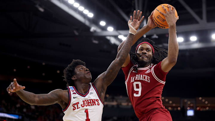 Arkansas v St. John's; Kadary Richmond defends Jonas Aidoo in St. John's basketball NCAA Tournament game against Arkansas
