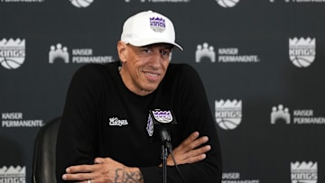 Mar 22, 2025; Sacramento, California, USA; Sacramento Kings interim head coach Doug Christie talks to media members before the game against the Milwaukee Bucks at Golden 1 Center. Mandatory Credit: Darren Yamashita-Imagn Images