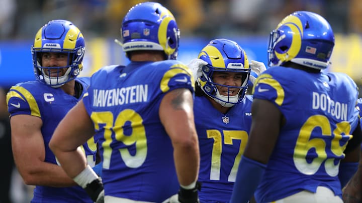 Pittsburgh Steelers v Los Angeles Rams, Puka Nacua, Tyler Higbee, Rob Havenstein, Kevin Dotson