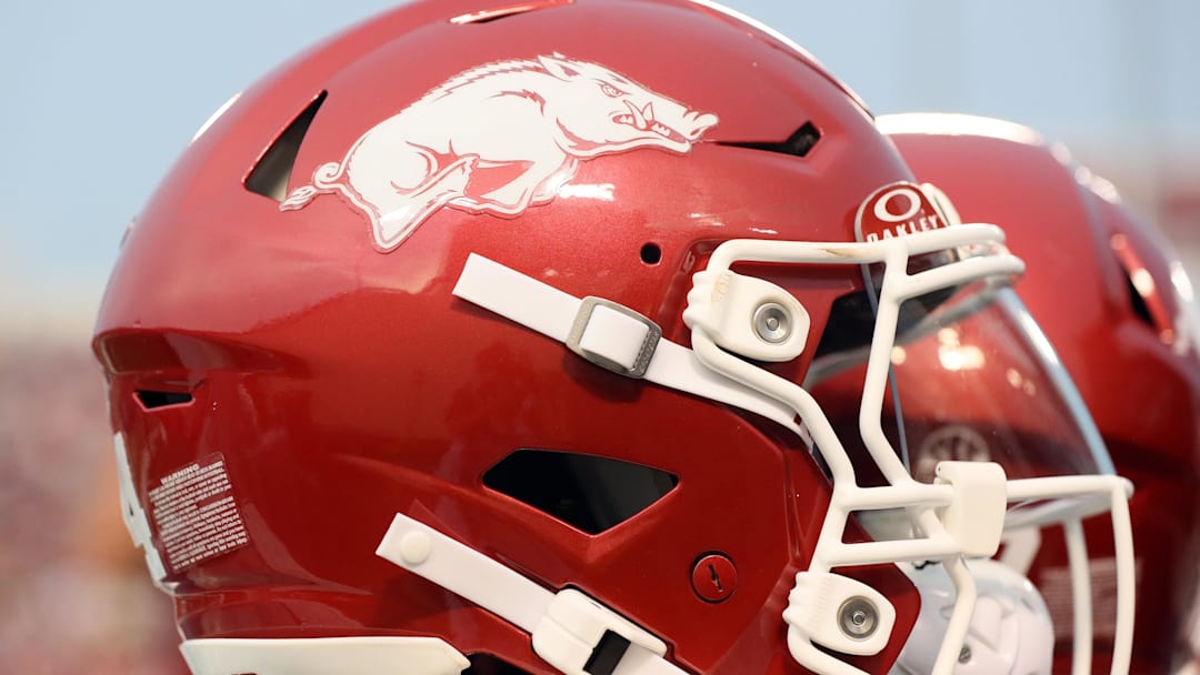 Aug 29, 2024; Little Rock, Arkansas, USA; General view of an Arkansas Razorbacks helmet during the first half against the Pine Bluff Golden Lions at War Memorial Stadium. Mandatory Credit: Nelson Chenault-Imagn Images Aug 29, 2024; Little Rock, Arkansas, USA; General view of an Arkansas Razorbacks helmet during the first half against the Pine Bluff Golden Lions at War Memorial Stadium. Mandatory Credit: Nelson Chenault-Imagn Images