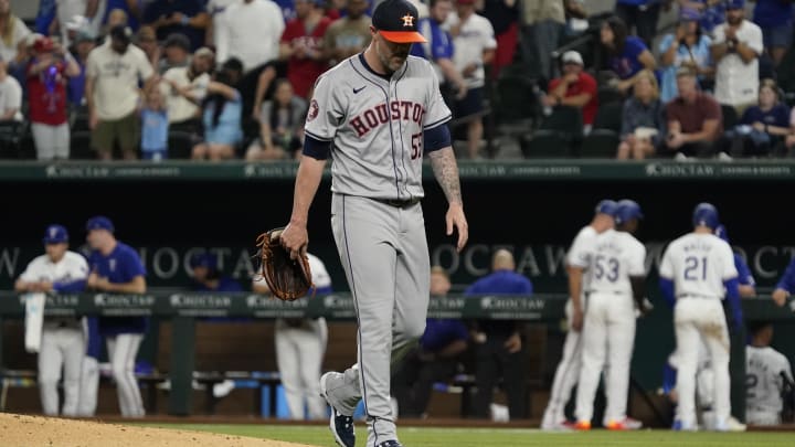 Apr 6, 2024; Arlington, Texas, USA; Houston Astros pitcher Ryan Pressly (55) is taken out of the game during the eighth inning against the Texas Rangers at Globe Life Field. Mandatory Credit: Raymond Carlin III-USA TODAY Sports