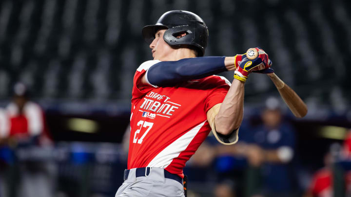 Jun 18, 2024; Phoenix, AZ, USA; Freedom High School outfielder Griffin Burkholder during the MLB Draft Combine at Chase Field. Mandatory Credit: Mark J. Rebilas-USA TODAY Sports